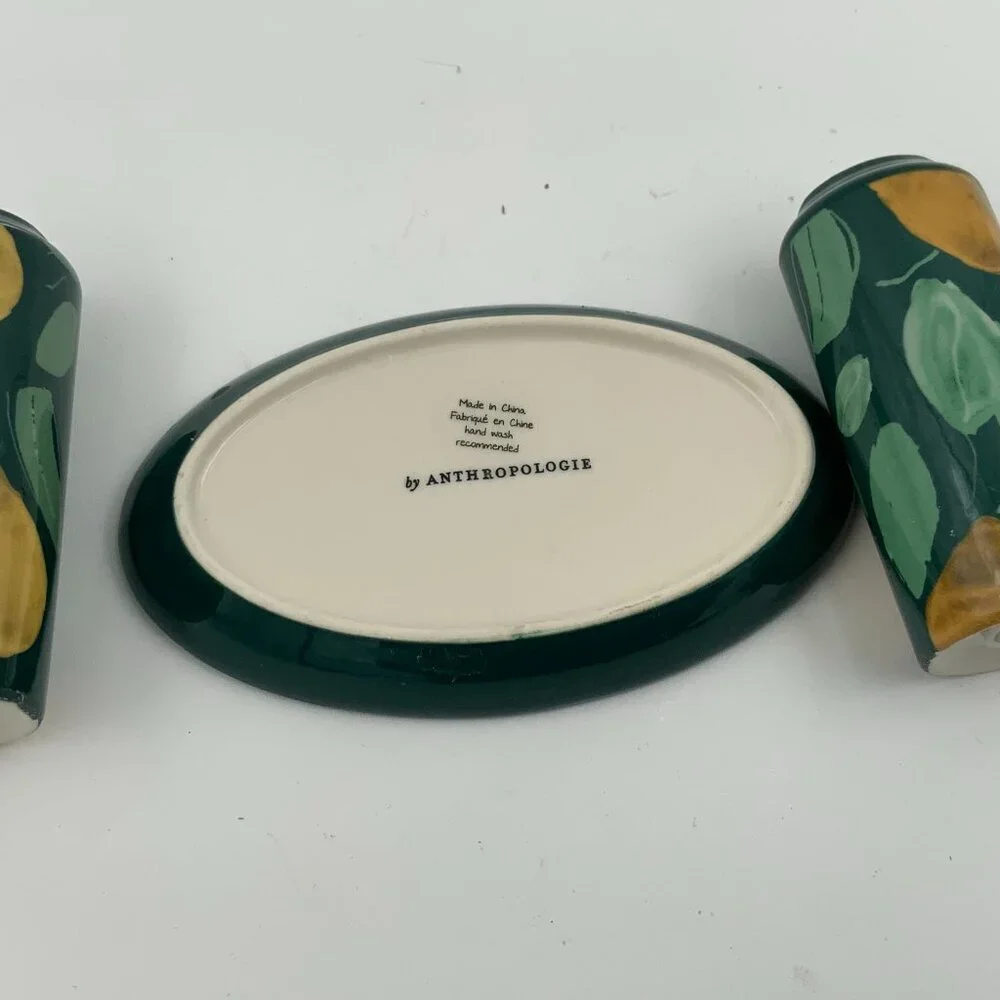 Anthropologie Holly and Pear Salt and Pepper Shakers With Ceramic Tray NEW